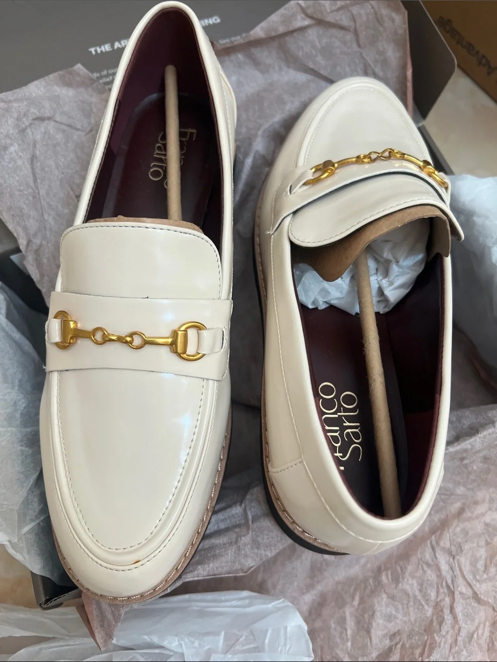 Franco Sarto Cream Leather Bit Loafers with Black Lug Sole